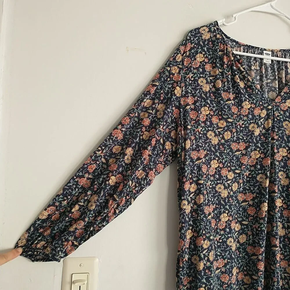 Old Navy Top Blouse Womens XL Blue Yellow Floral Puff Sleeve Cottagecore Boho